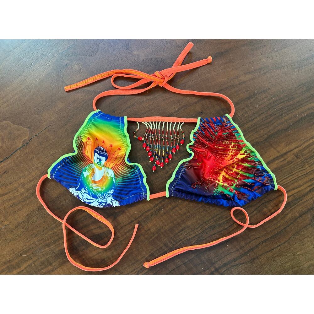 Mar de Rosas Beaded Fringe Designer Bikini Top Rainbow S Festival Resort Wear